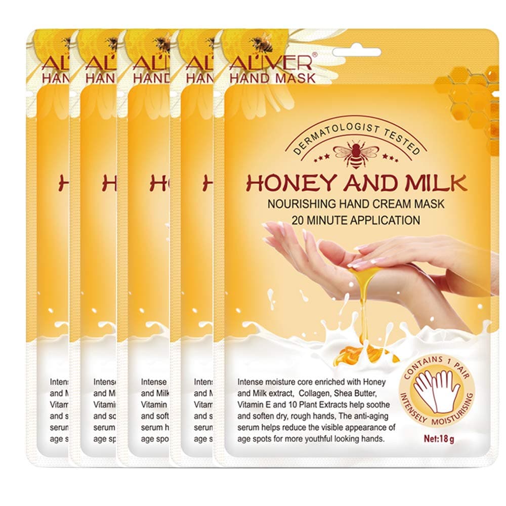 Hand Moisturizing Mask, Honey and Milk Moisturizing Gloves Nourishing Soften Hand Care for Dry Crack Hands Mask Hydrating Exfoliating Nourish Skin for Women & Men (5 Pairs)