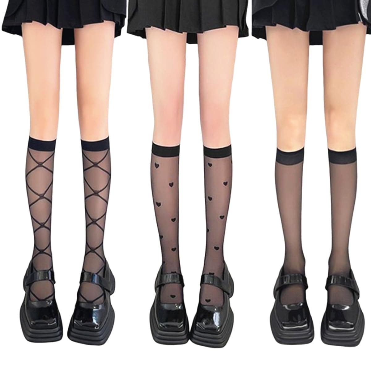 3 Pairs Knee High Socks, 3 Styles Elastic Printing Knee High Stockings Breathable Calf-Length Socks, See Through Nylon Stockings Fashion Sheer Pop Socks for Women Girls