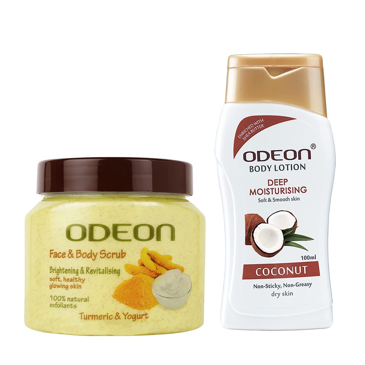 FREE ODEON Deep Moisturizing Coconut Body Lotion, 100 ML with ODEON Turmeric & Yogurt Face and Body Scrub, 300ML | Brightening & Revitalising