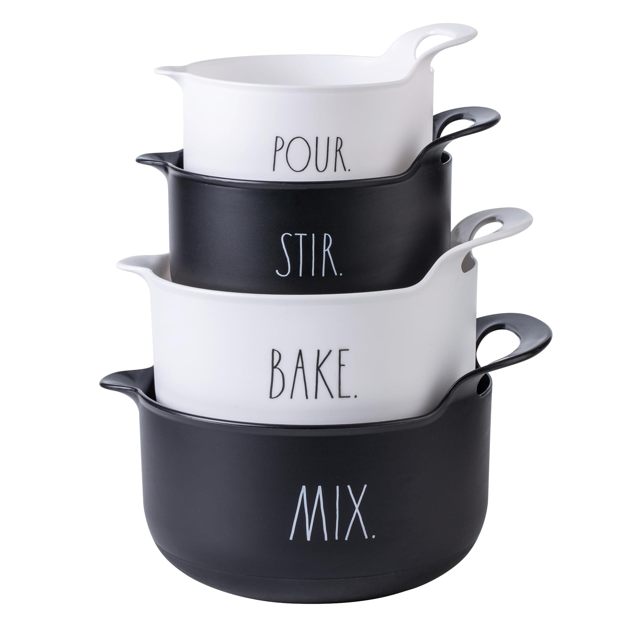 Rae Dunn Non-Slip Mixing Bowls - 4 Piece Nesting Plastic Mixing Bowl Set with Pour Spouts and Handles-Measurement Markings (Black)