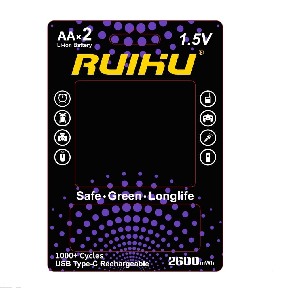 USB Rechargeable AA Batteries by Pale Blue, Lithium Ion 1.5v 1700 mAh, Charges 1.5 Hours, Over 1000 Cycles, 4-in-1 USB-A to USB-C Charging Cable, LED Charge Indicator (2 Pack/Blister)