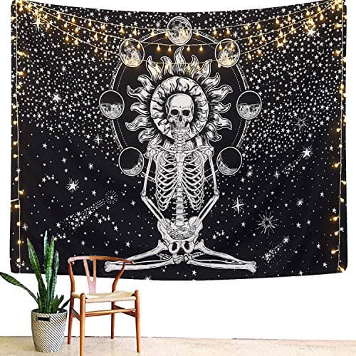 OZMI Skull Tapestry, Meditation Skeleton Tapestry, Black and White Stars Chakra Tapestry, Wall Hanging Tapestry for Living Room Decoration (59.1" x 82.7")