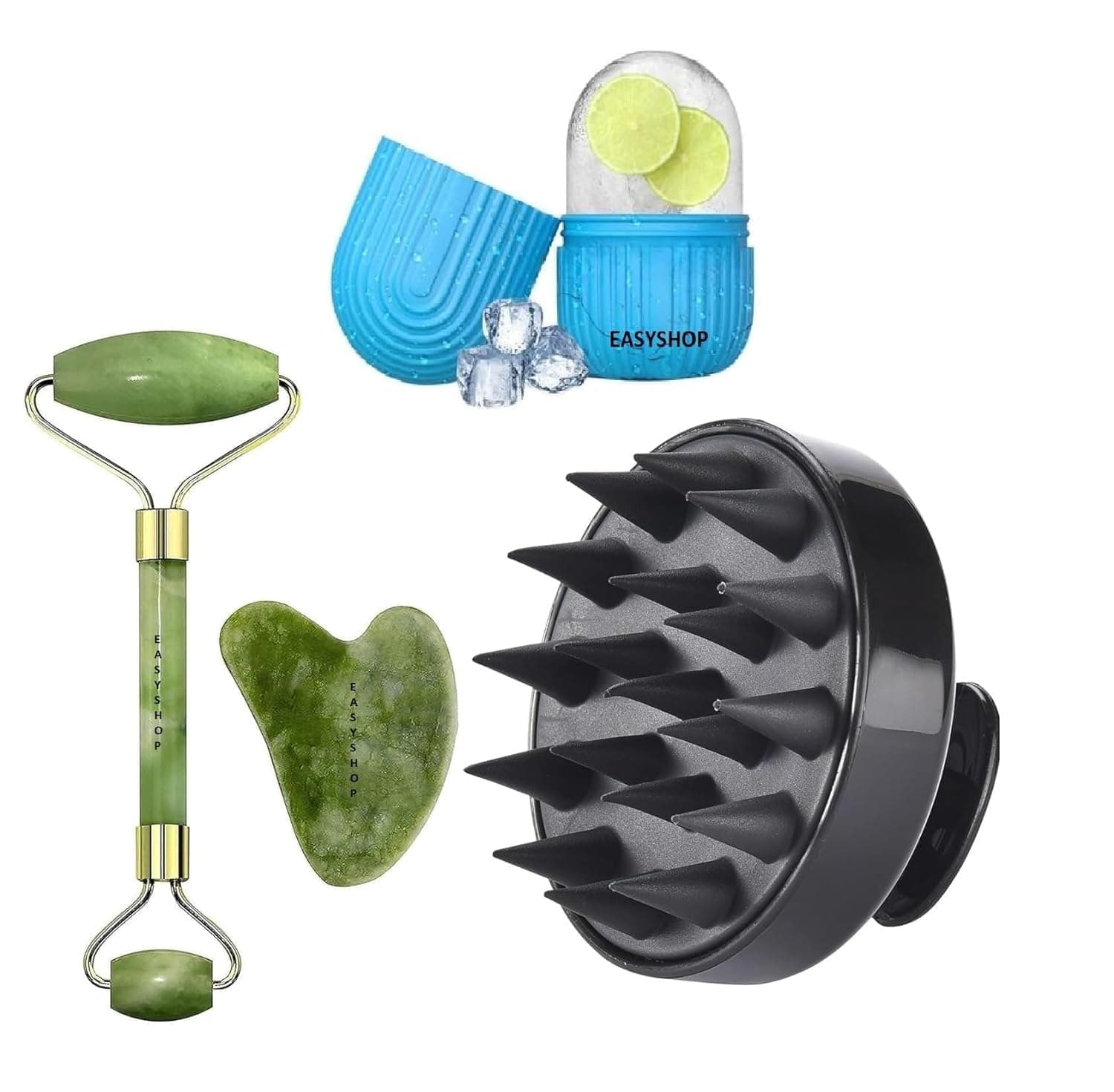 Facial Massager Jade Roller & Gua Sha Tool Natural Himalayan Stone for Face Neck Healing Skin Wrinkles & Serum Application Hair Scalp & Ice Massager combo offer (MULTY COLOURED)