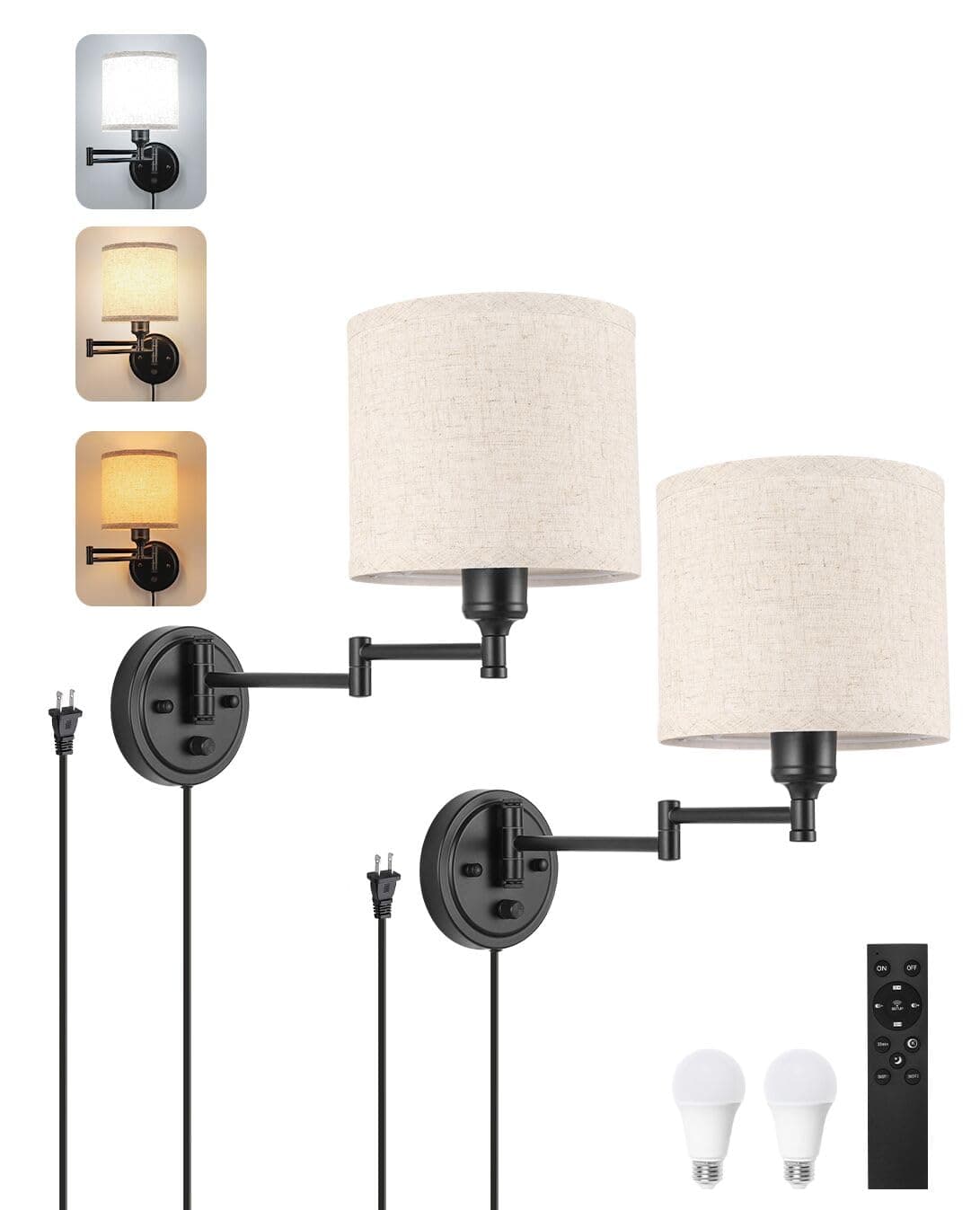 Plug in Wall Sconces with Remote Control, Dimming 10%-100% & Adjustable Colors 2700K-6500K, Hardwire or Plug-in, Swing Arm Wall Lamp with Linen Fabric Shade, Wall Sconces Set of Two, Black Finish