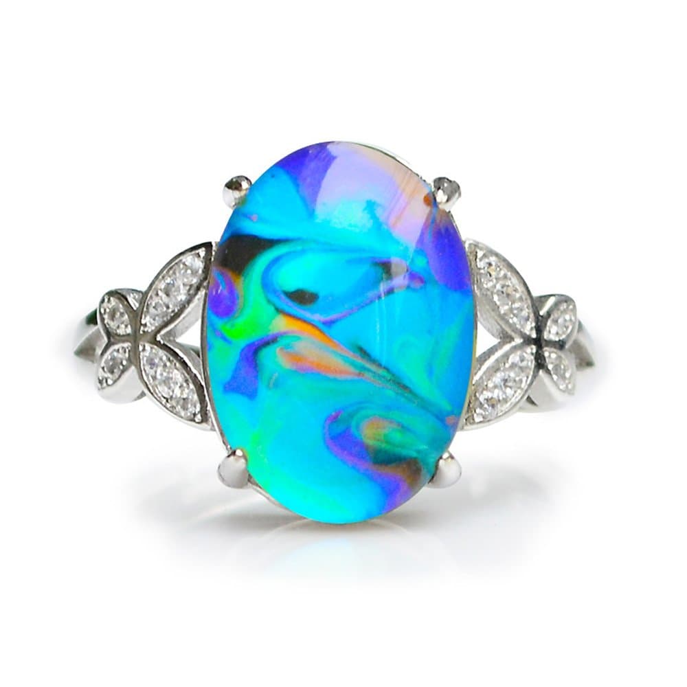 Opalescent Swirl Color Changing Oval Crystal Stone Brass Mood Ring Size Adjustable For Women