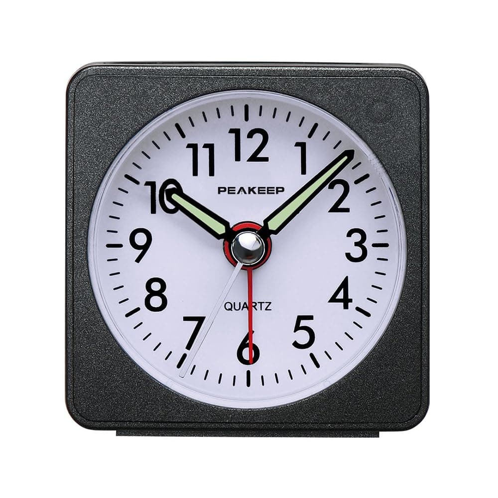 Peakeep Ultra Small, Battery Travel Alarm Clock with Snooze and Light, Silent with No Ticking Analog Quartz (Black)