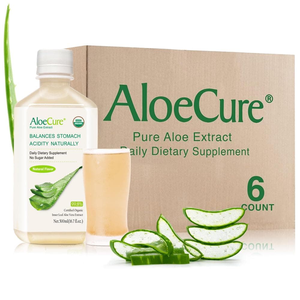 AloeCure Pure Aloe Vera Juice Natural Flavor Acid Buffer, Certified Organic Aloe Processed Within 12 Hours of Harvest to Maximize Nutrients, No Charcoal Filtering-Inner Leaf, 6x500ml Bottles