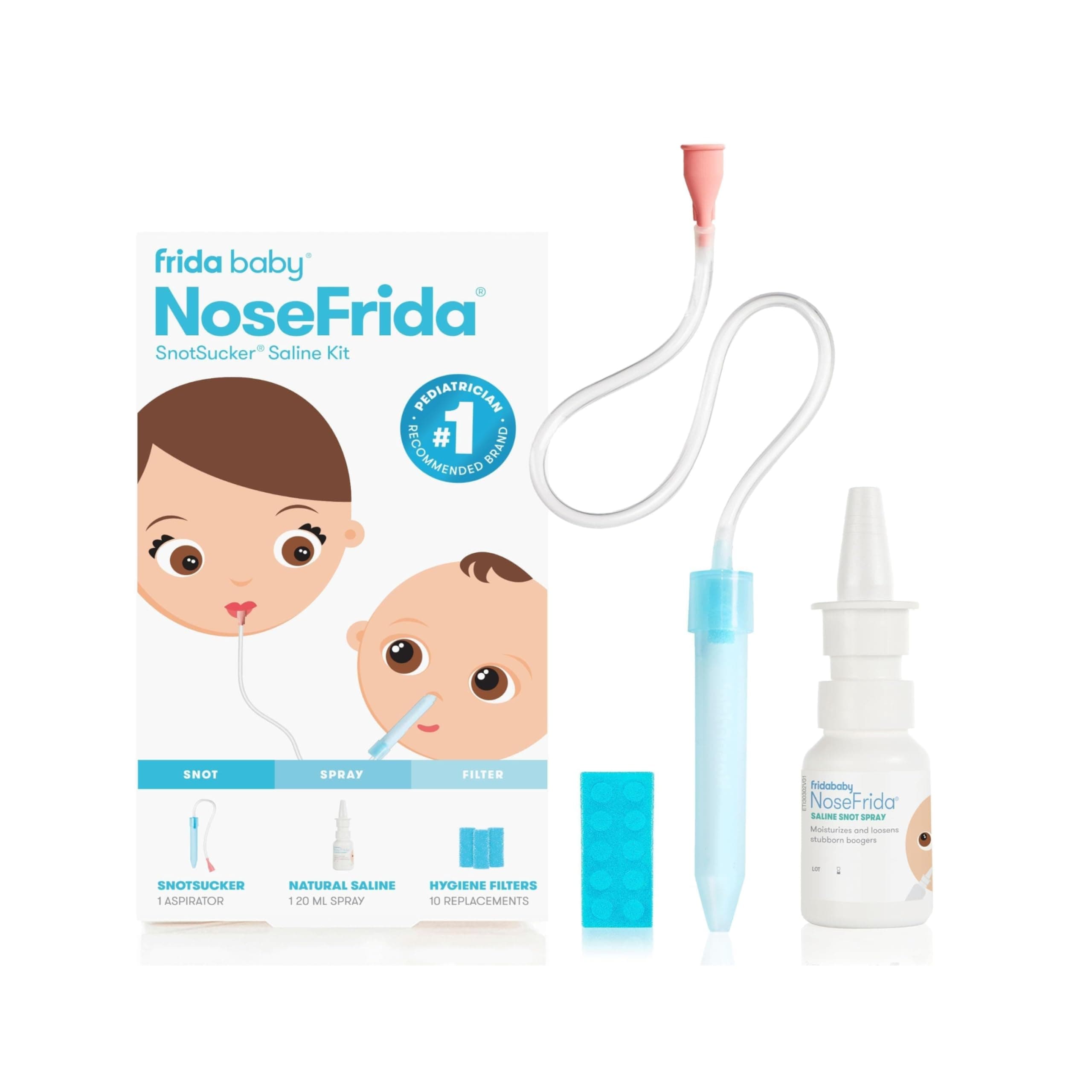 FridaBaby Baby Nasal Aspirator NoseFrida The Snotsucker with 10 Extra Hygiene Filters and All-Natural Saline Nasal Spray