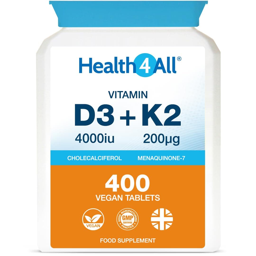 Health4All Vitamin D3 4000iu & Vitamin K2 200ug (Natural MK7) 400 Tablets (1+ Year Supply) Vegan Vitamin D3 K2 Supplement, High Strength MK-7 from Natto, Made in The UK