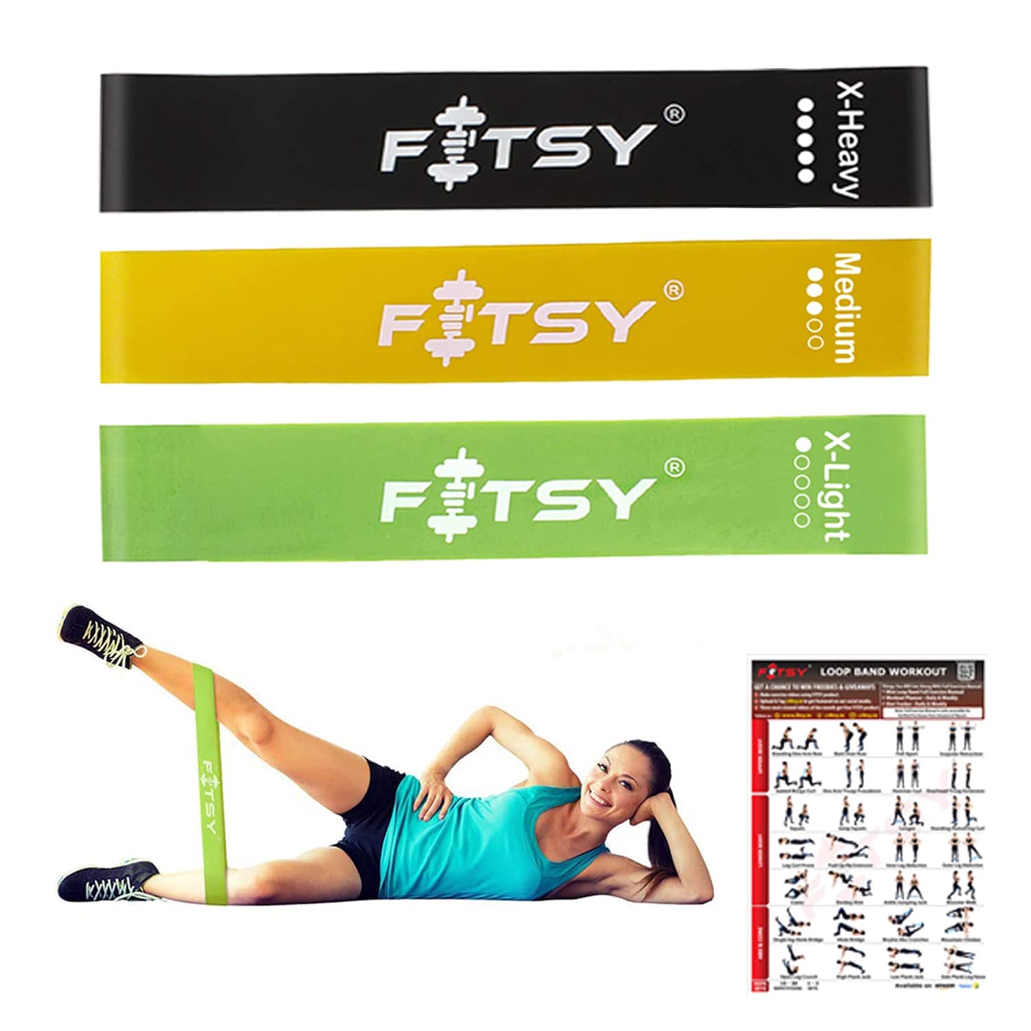 Fitsy Exercise Resistance Loop Bands, 12Inch, Set of 3 Premium Resistance Exercise Bands For Physical Therapy, Rehab, Stretching, Home Fitness, Yoga & More Bonus Home Gym Workout Chart, Natural Rubber