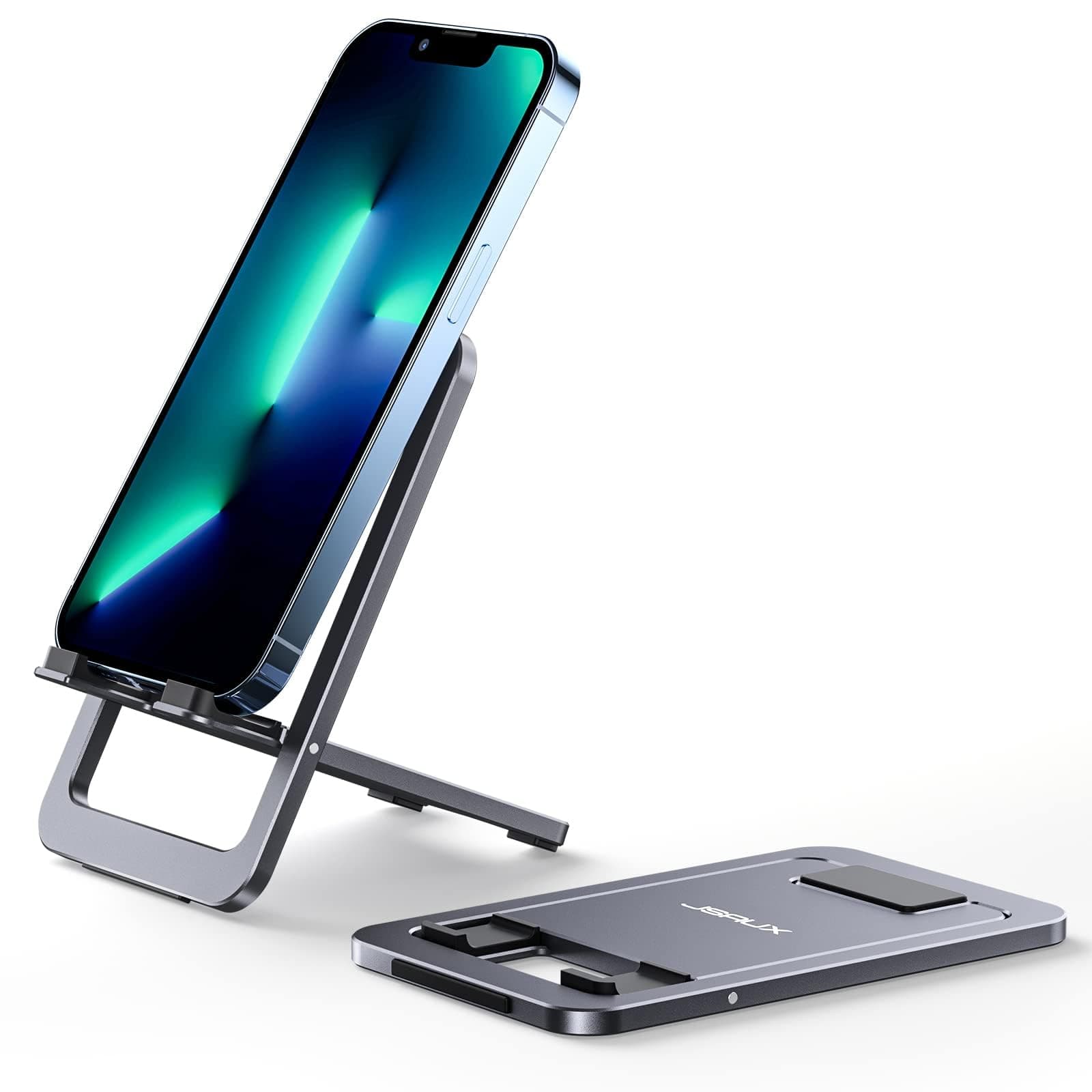 JSAUX Universal Mobile Stand for Desk, Foldable Aluminum Adjustable Phone Stand for Desk Smart Gadgets, Mobile Holder for Home Compatible for iPhone 16/15/14 Pro Max, Galaxy S25/S24/S23, Grey