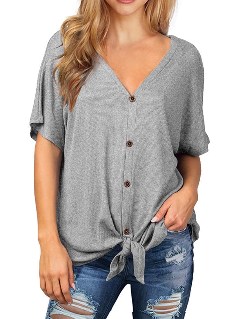 SouqFone Women Waffle Knit Tunic Tops Front Tie Knot Button Down Plain Blouse