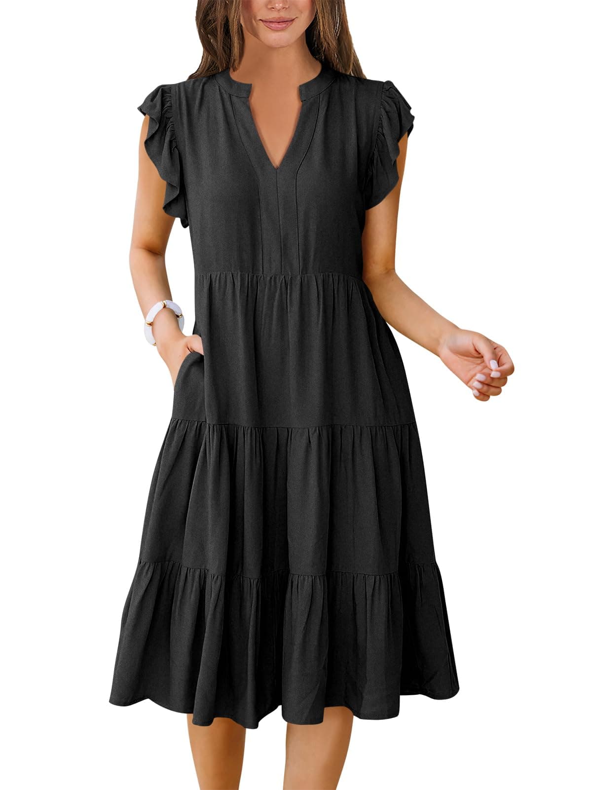 Womens Summer Dress Ruffle Sleeve V Neck Midi Dresses Fashion Casual Fit Flowy Tiered Boho Beach Vacation Sundress