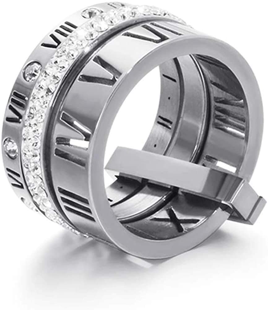 JarlinwelStainless Steel CZ Zirconia Roman Numeral Ring For Women Girls 3 in 1 Spinner Rings