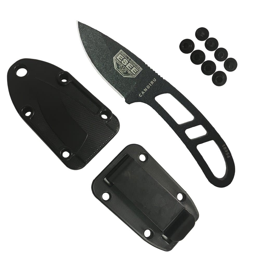 ESEE Authentic Candiru Tactical Survival Knife - Molded Sheath Belt Clip Plate (Black Blade, Black Molded Sheath)
