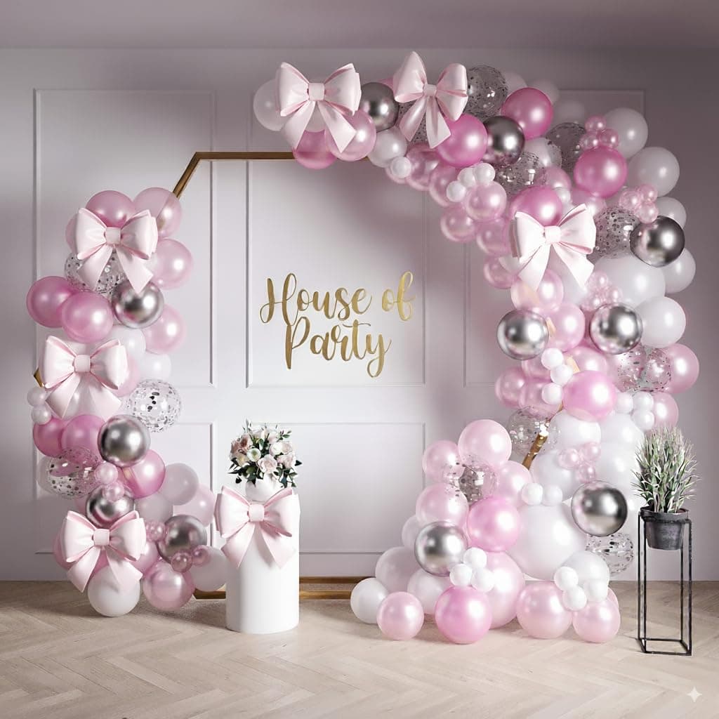 HOUSE OF PARTY Pink and White Balloons Garland Kit 158 Pcs - Pink, Silver Metallic, Silver Confetti Balloon Arch | White and Hot Pink Birthday Decorations and Party Supplies