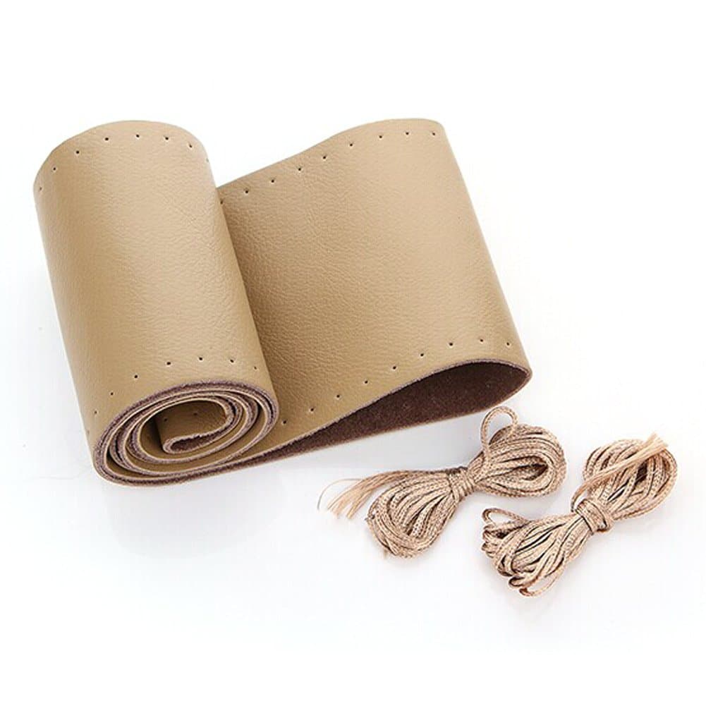 AULLY PARK Leather Car Steering Wheel Cover Stitch On Wrap Cover with Needle and Thread (Size S, Beige)