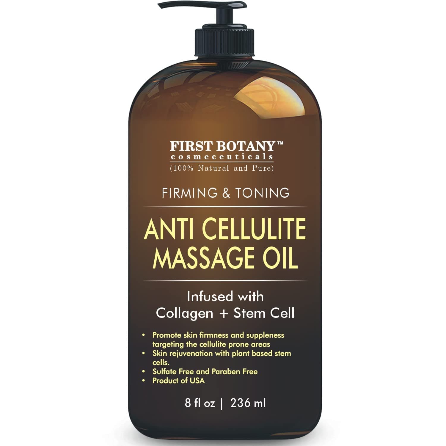 First Botany, Anti-Cellulite Massage Oil Infused with Collagen & Stem Cells - Natural Cellulite & Stretch Mark Treatment for Men & Women - 8 oz