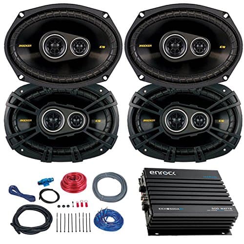 Car Speaker Set With Amplifier - 4 Kicker CS6934 6x9 Inch 900 Watt 4-Ohm 3-Way Car Audio Coaxial Speaker + Enrock EKMB500ABT 400W 4-Chan Bluetooth Car/Marine Amplifier + Boss KIT2 Amp Installation Kit