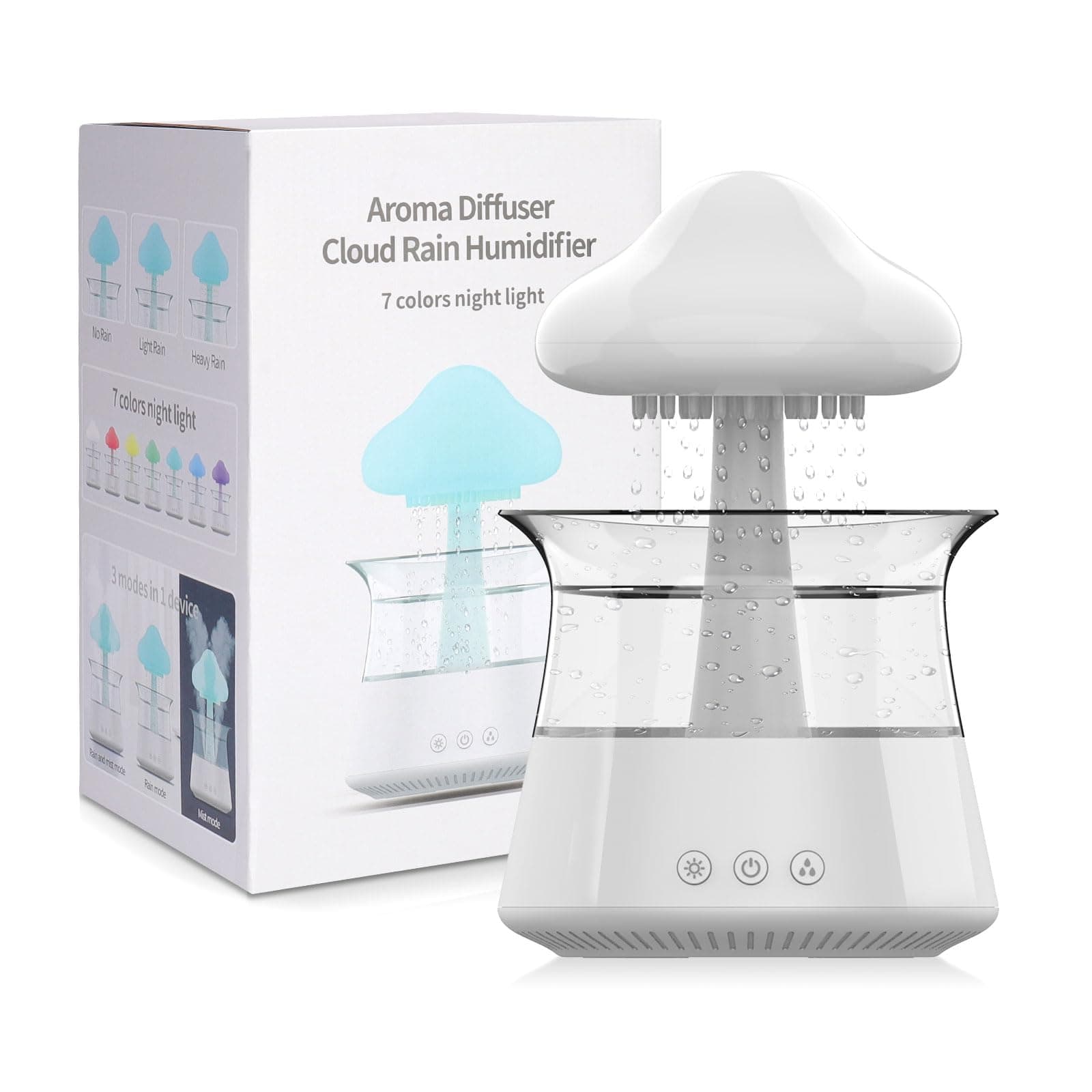 Cloud Rain Humidifier for bedroom with Soothing Rain Sounds Sleep Aid, Waterfall Night Light, Mushroom Design Air Moisturizer，Room Decor Aesthetic for living room (White)