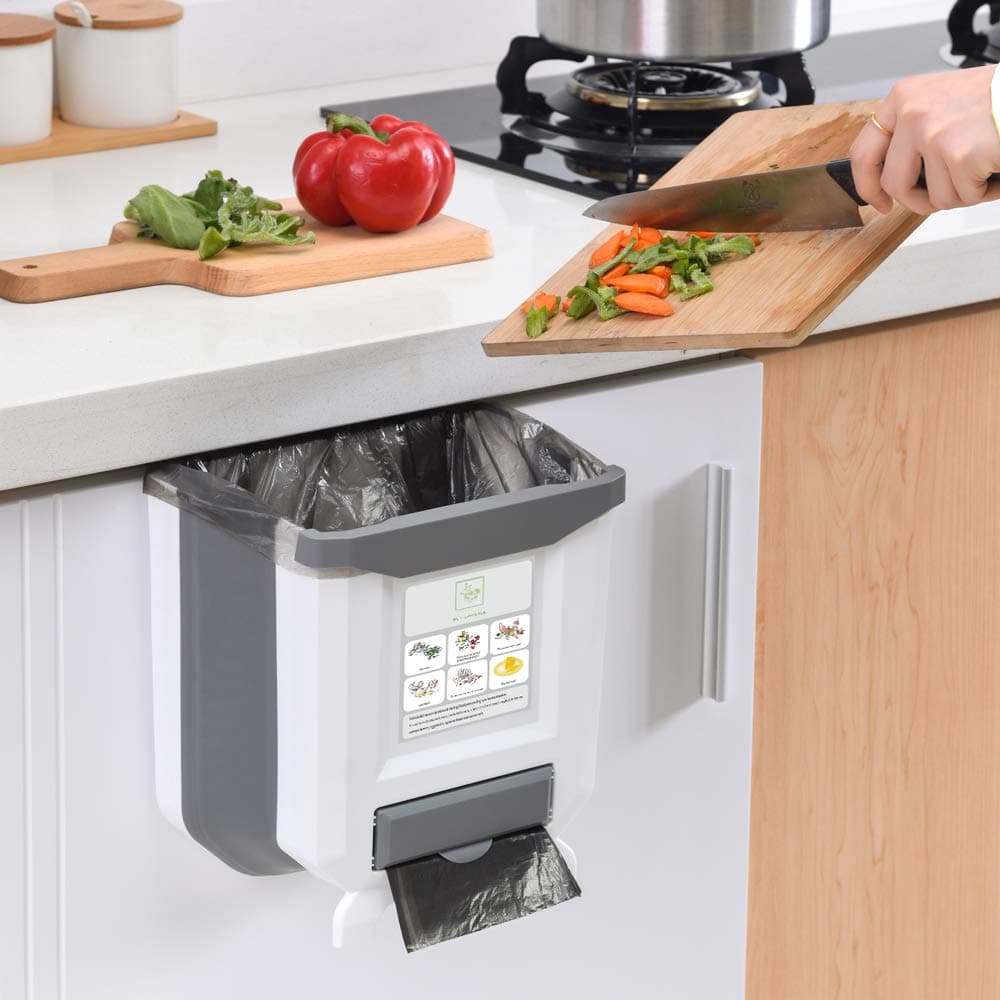 HONPHIER Hanging Trash Can Folded with Trash Bag Storage Slot for Kitchen Cabinet Cupboard Door, Hanging Folding Small Waste Garbage Can Trash Bin for Bedroom Bathroom Living Room Office