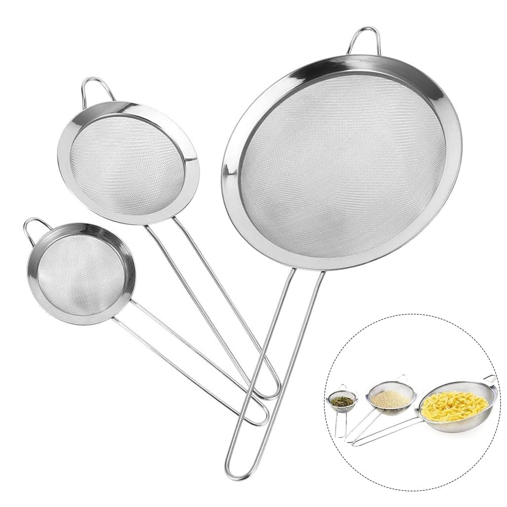Stainless Steel Fine Mesh Tea Strainer Set (Pack of 3) Kitchen Sifters, 7cm, 12cm, 18cm,Durable with Handle for Kitchen, Sifting Loose Tea, Flour, Spices, Juice, Oil & Cocktail