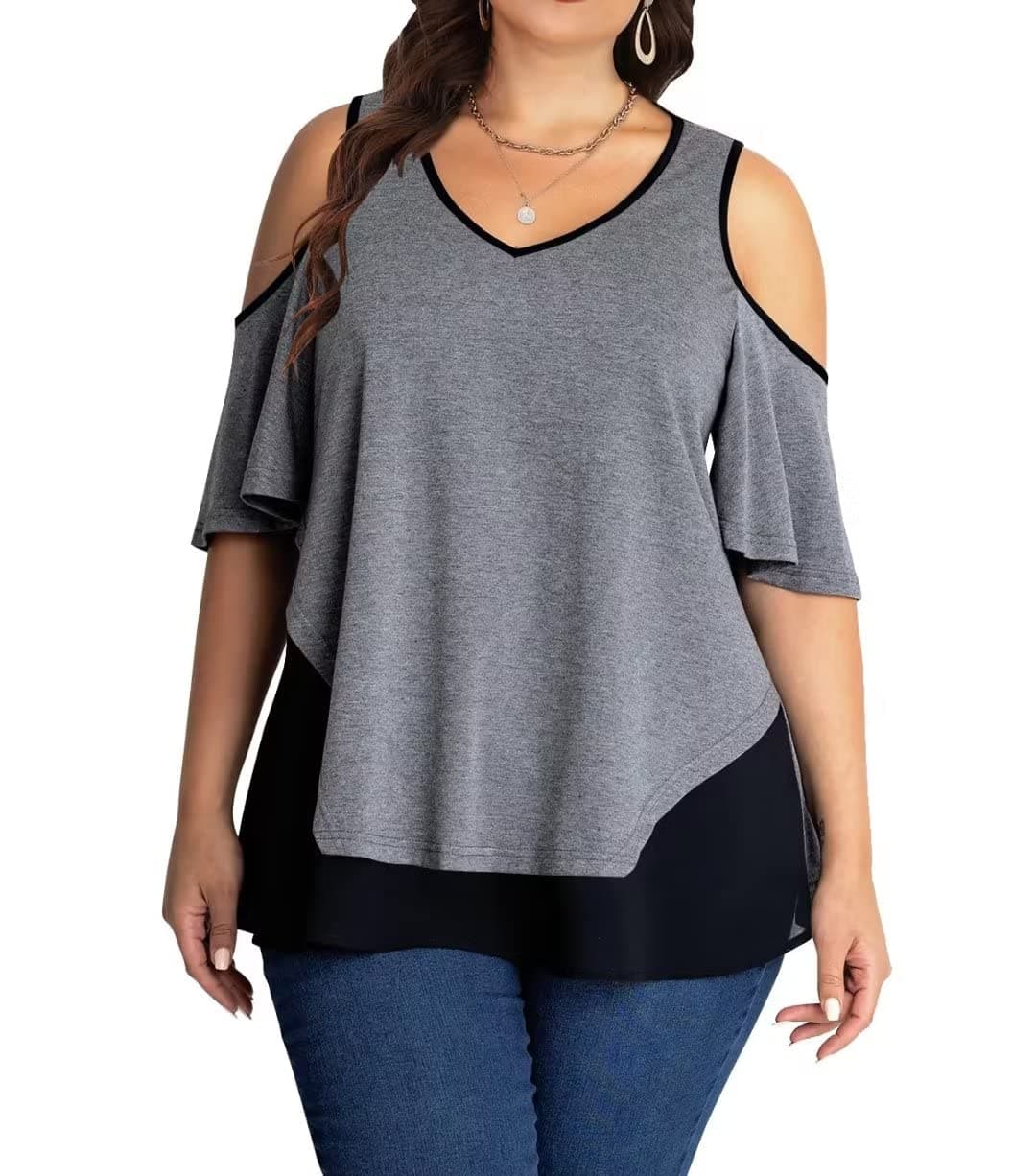 AMCLOSWomens Plus Size Tops Cold Shoulder V Neck T Shirt Short Sleeve Summer Casual Tunic