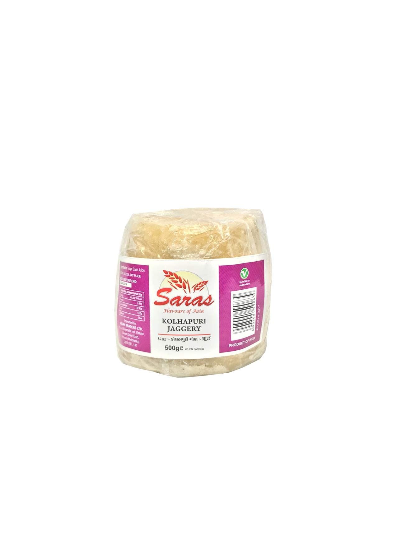 Saras Jaggery 500g – 100% Pure & Natural, Unrefined Traditional Sweetener, Ideal for Cooking, Baking, and Beverages, Chemical-Free, Gluten-Free