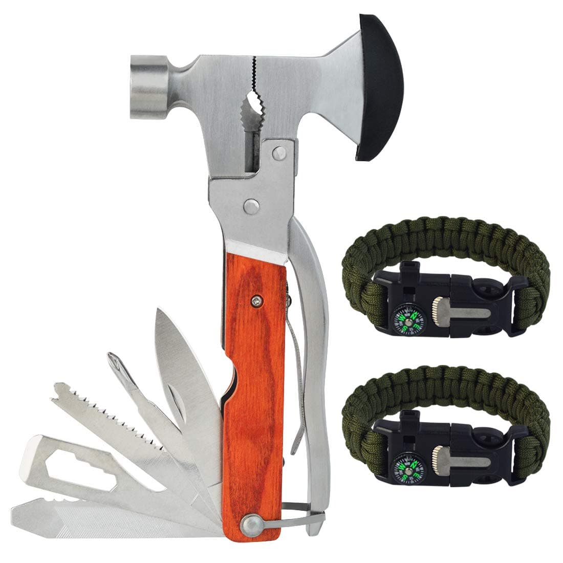 Rbenxia 16-in-1 Portable Hammer Tool Stainless Steel Multi-Functional Hatchet Tool with 2 Packs Adjustable Survival Bracelets for Camping, Hunting, Emergency