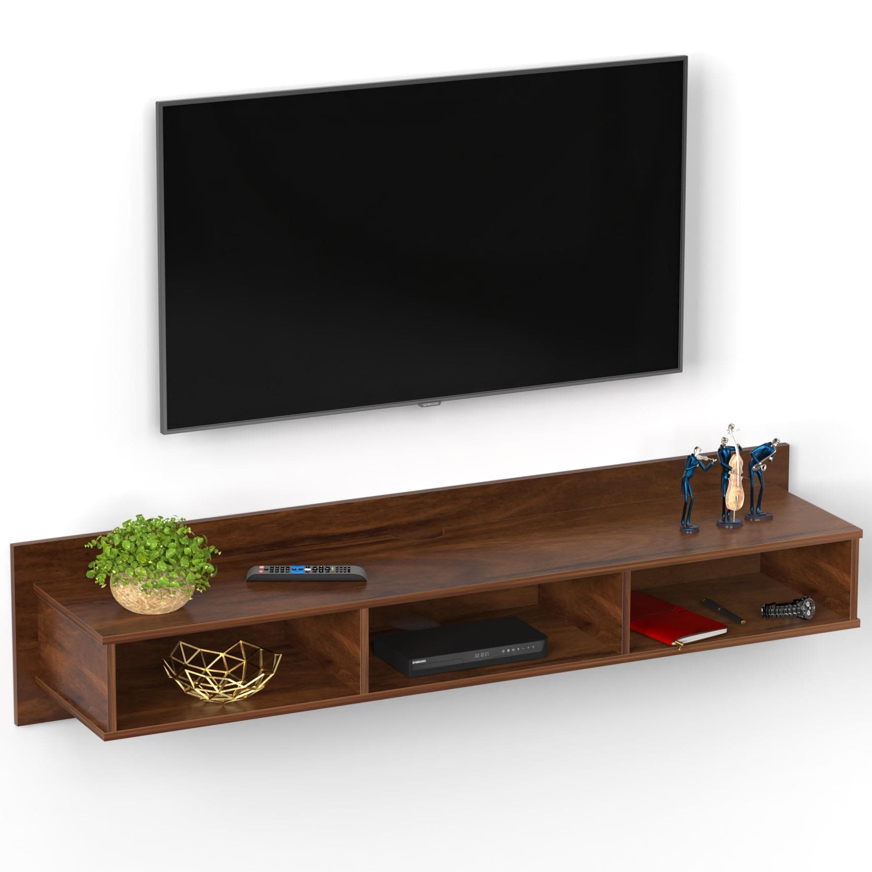 - BLUEWUD Coober Engineering Wood Wall Mount TV Entertainment Unit Set Top Box Stand/TV Cabinet Panel with Shelves for Books & Décor Display Unit Large Upto 50 Inches (Brown Maple)