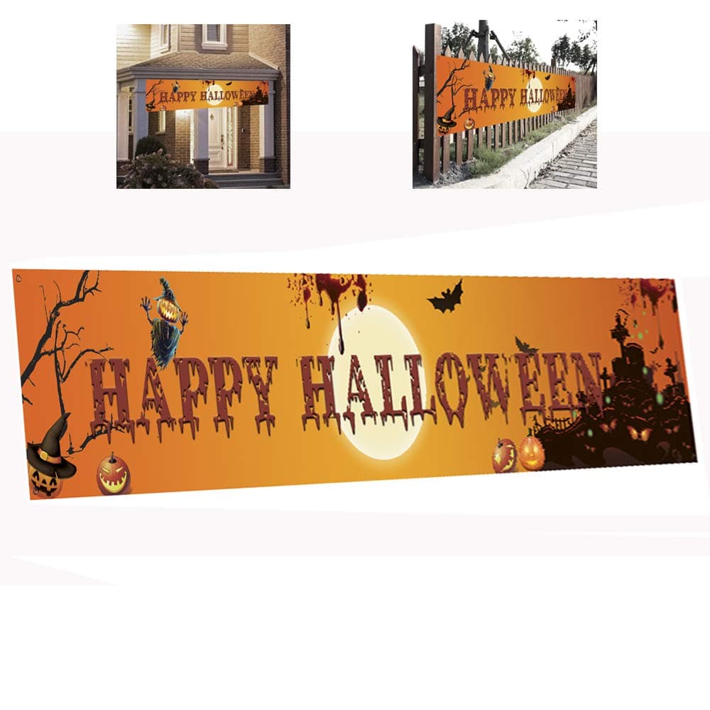 JCT Halloween Banner Large Happy Halloween Banner Flag Decoration,Funny Halloween Scary Bloody Banner8.2X1.6ft,Halloween Terror Yard Banners,Halloween Party Supplies Garden Decor (Halloween Banner)