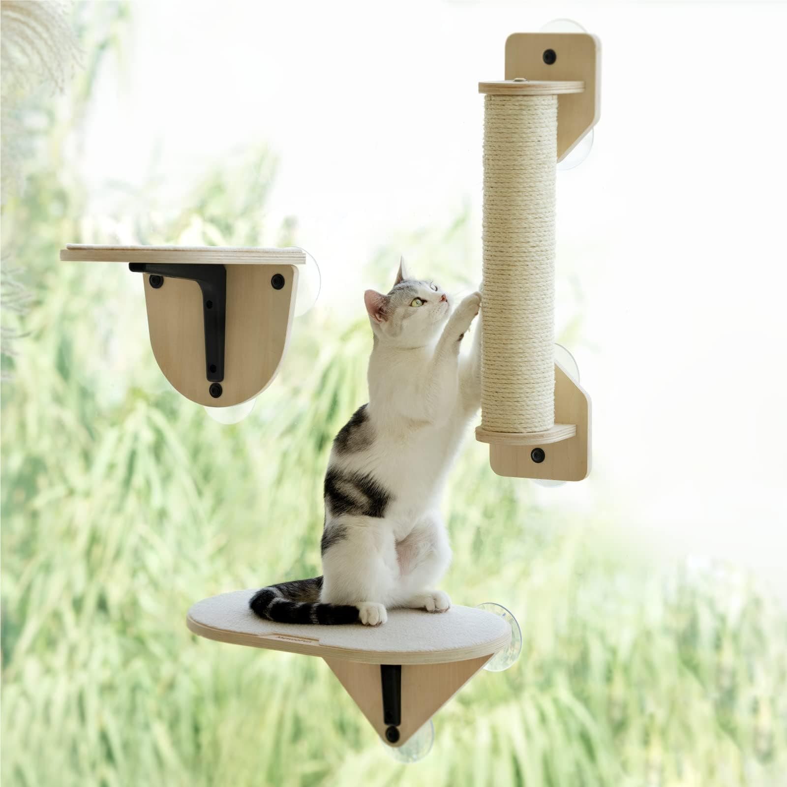 MEWOOFUN Window Perch Hammock with Climbing Steps and Scratching Post - Wooden Window Mounted Cat Bed (3 Pcs Cat Climber Set)