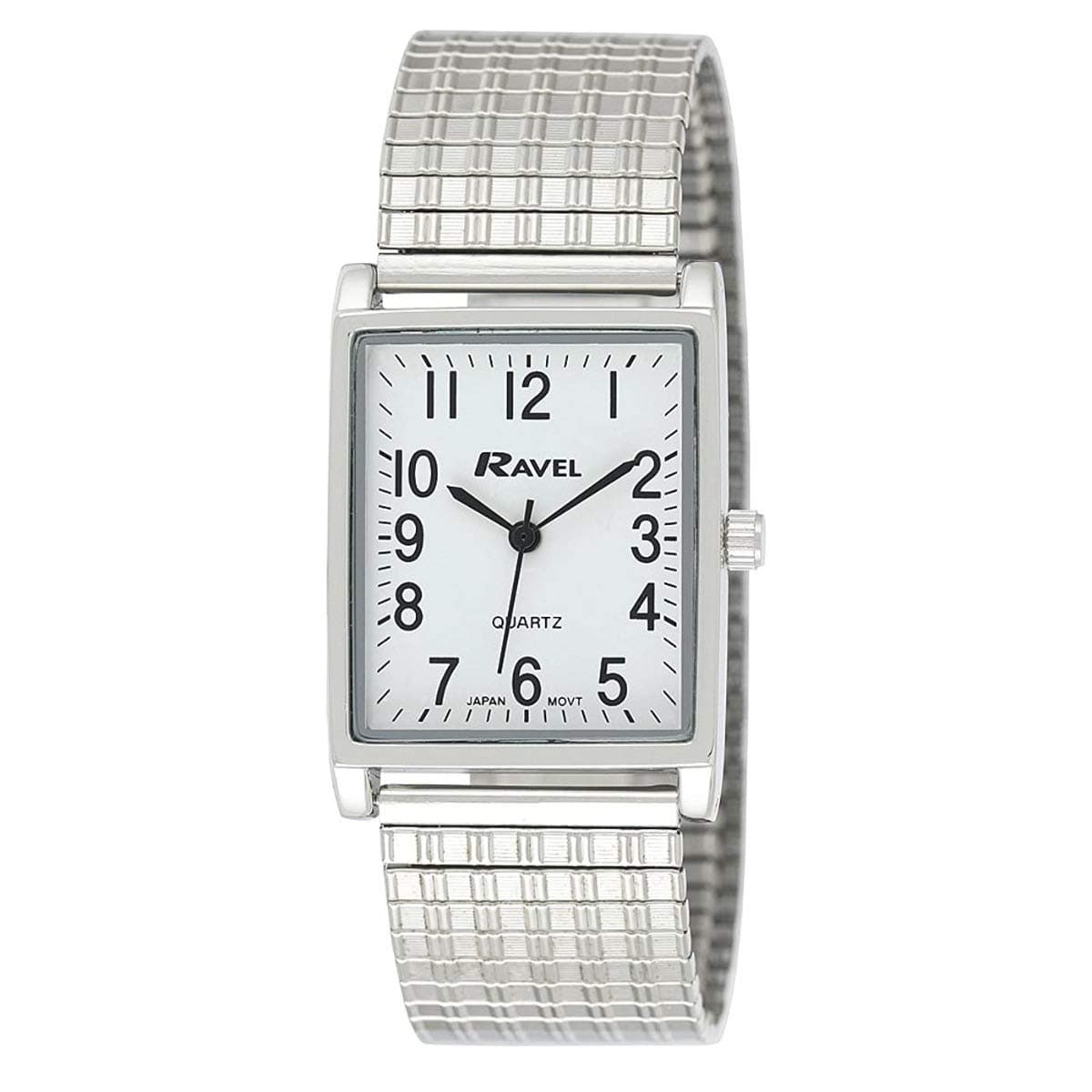 Gents White Rectangle Dial Silvertone Expander Bracelet Strap Dress Watch Gift for Men R0220.02.1
