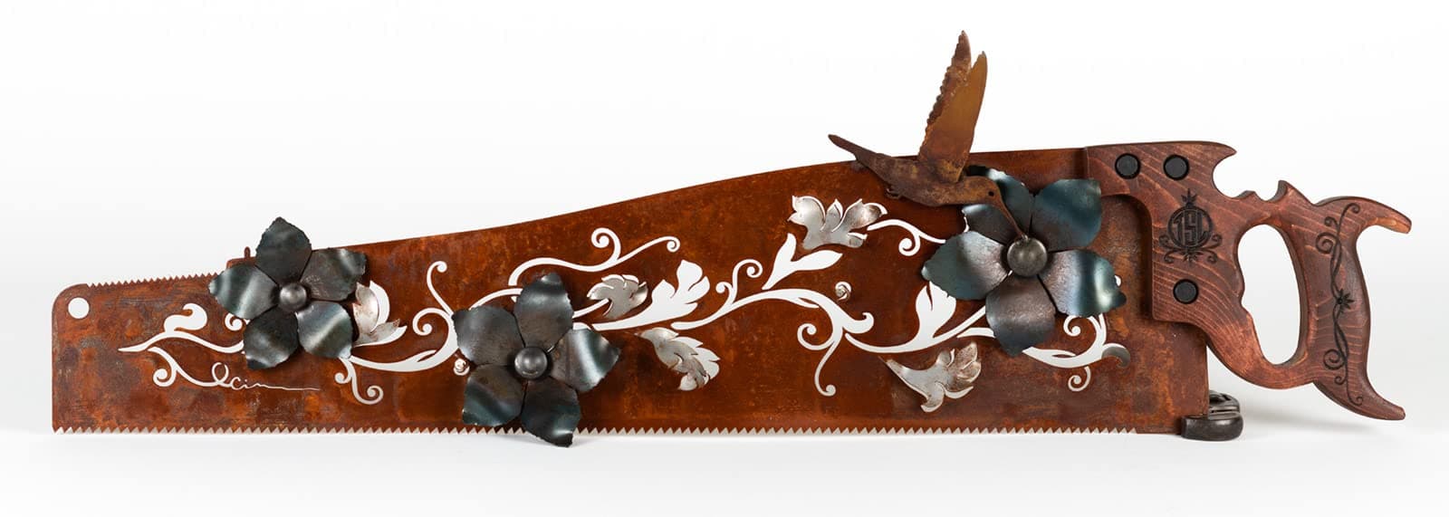 Hummingbird and Scrolled Flowers Hand Saw Design | Made to Order Wall Art for bird lovers!