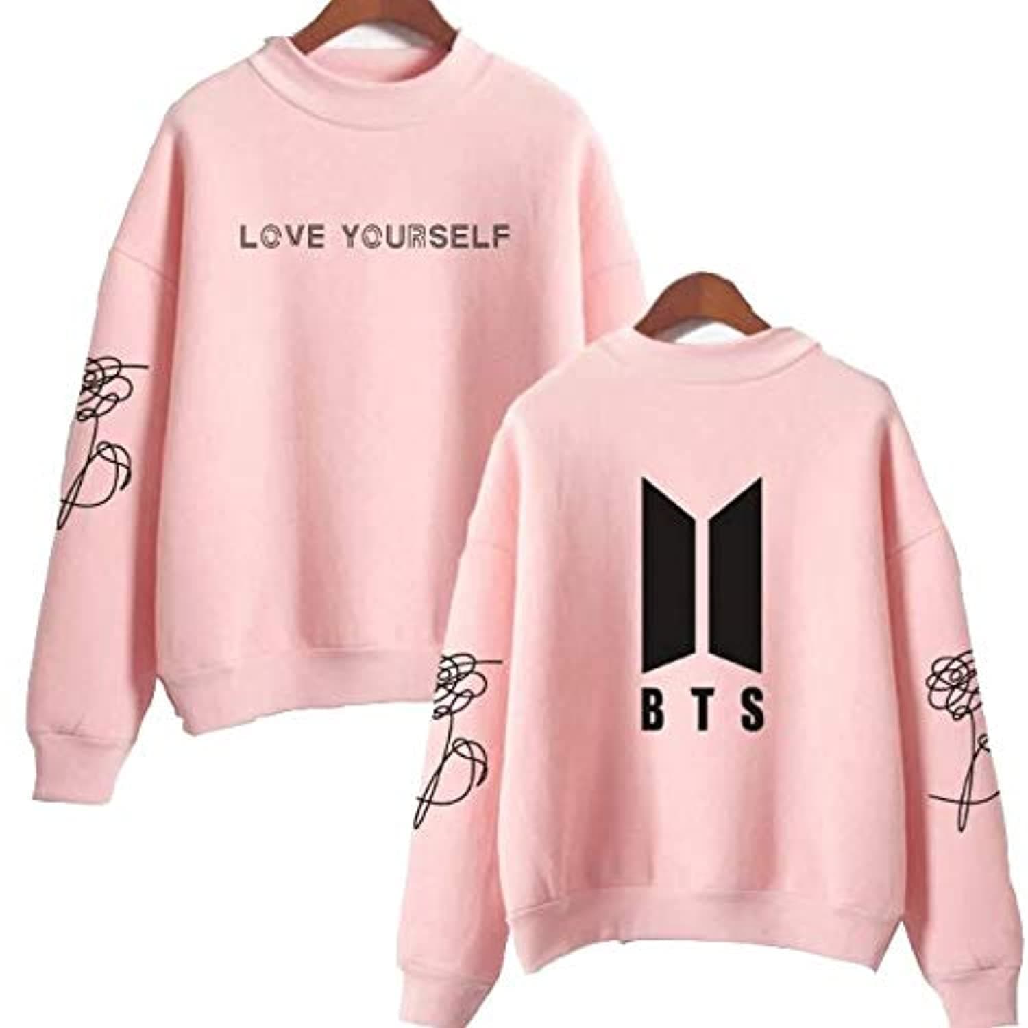 Women's BTS Love Yourself Pattern Long Sleeve Round Neck Sweatshirts (Pink)