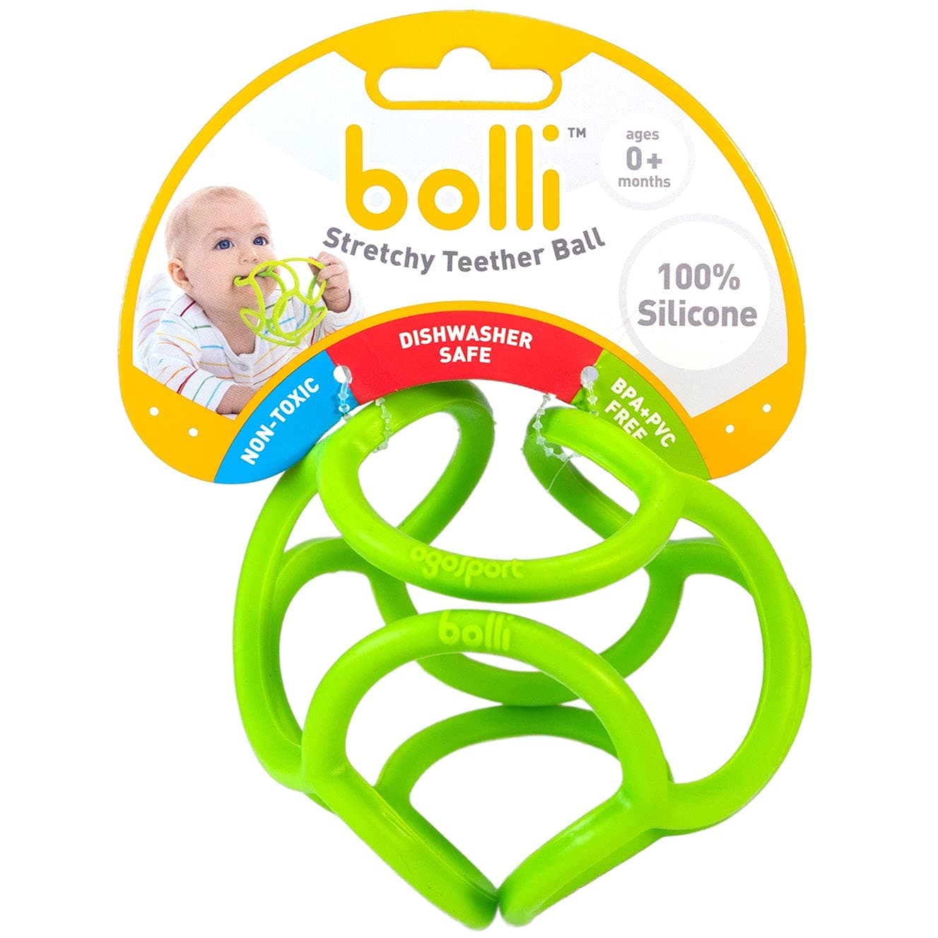 OgoBolli Teething Ring Tactile Sensory Ball Toy for Babies & Kids - Stretchy, Soft Non-Toxic Silicone - Ages 3 Months and up - Green