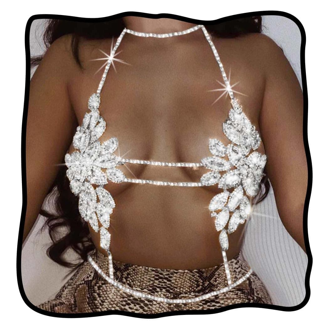 Rhinestone Body Chain Jewelry Sparkly Crystal Chain Bra Top Summer Beach Body Jewelry for Women
