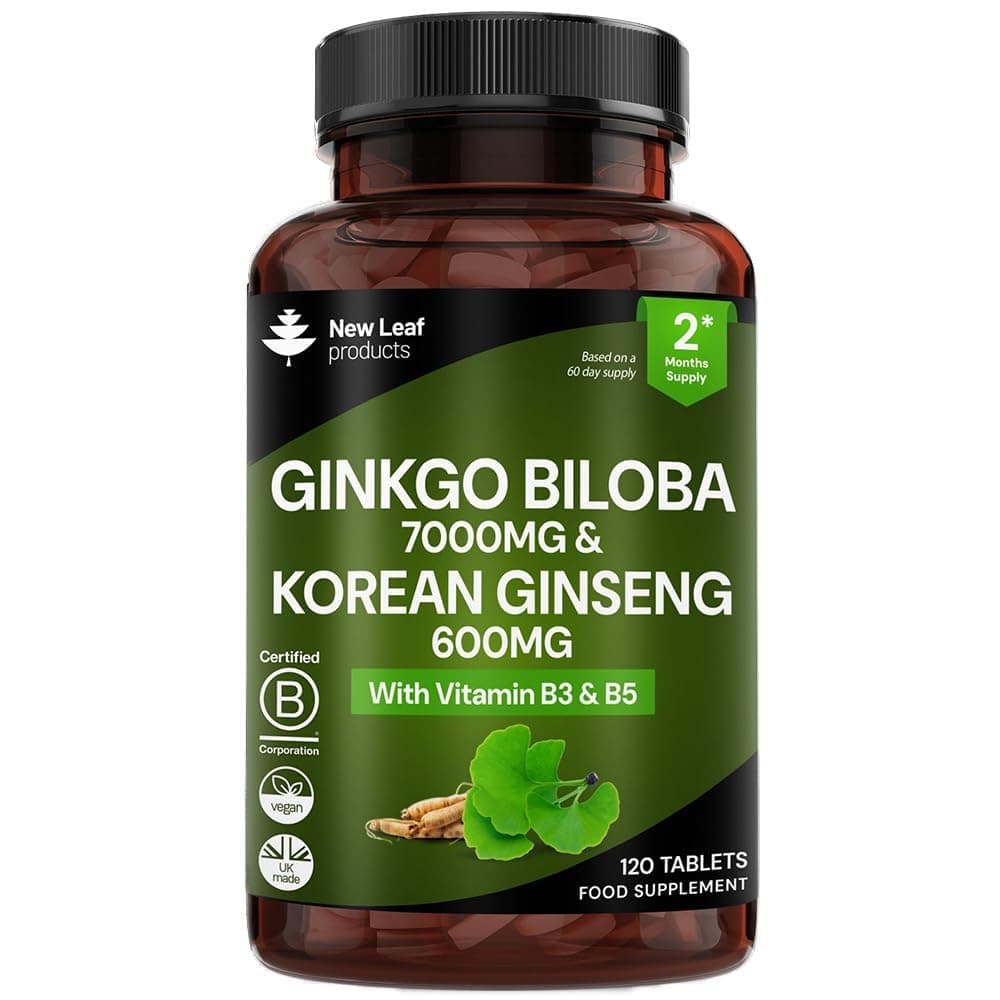 Ginkgo Biloba and Korean Ginseng Tablets - 7000mg Ginkgo Biloba Herbal Supplements & 600mg Panax Ginseng High Strength Extract - Enriched with Vitamin B3 & B5-120 Vegan Tablets