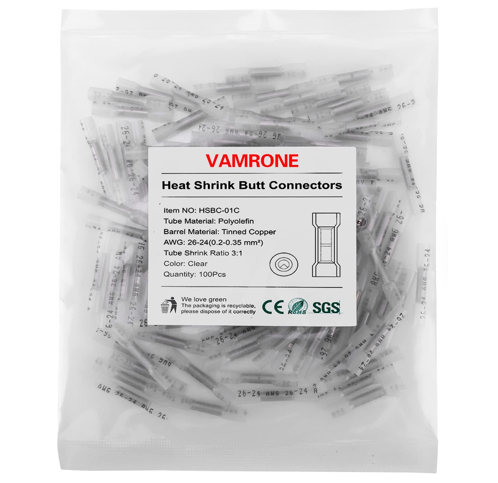 Heat Shrink Butt Connectors, 100Pcs 26-24 AWG Clear Insulated Waterproof Electrical Wire Connectors Automotive Marine Grade Wire Crimp Terminals Butt Splices, Ideal for Boat, Truck, Stereo - Clear