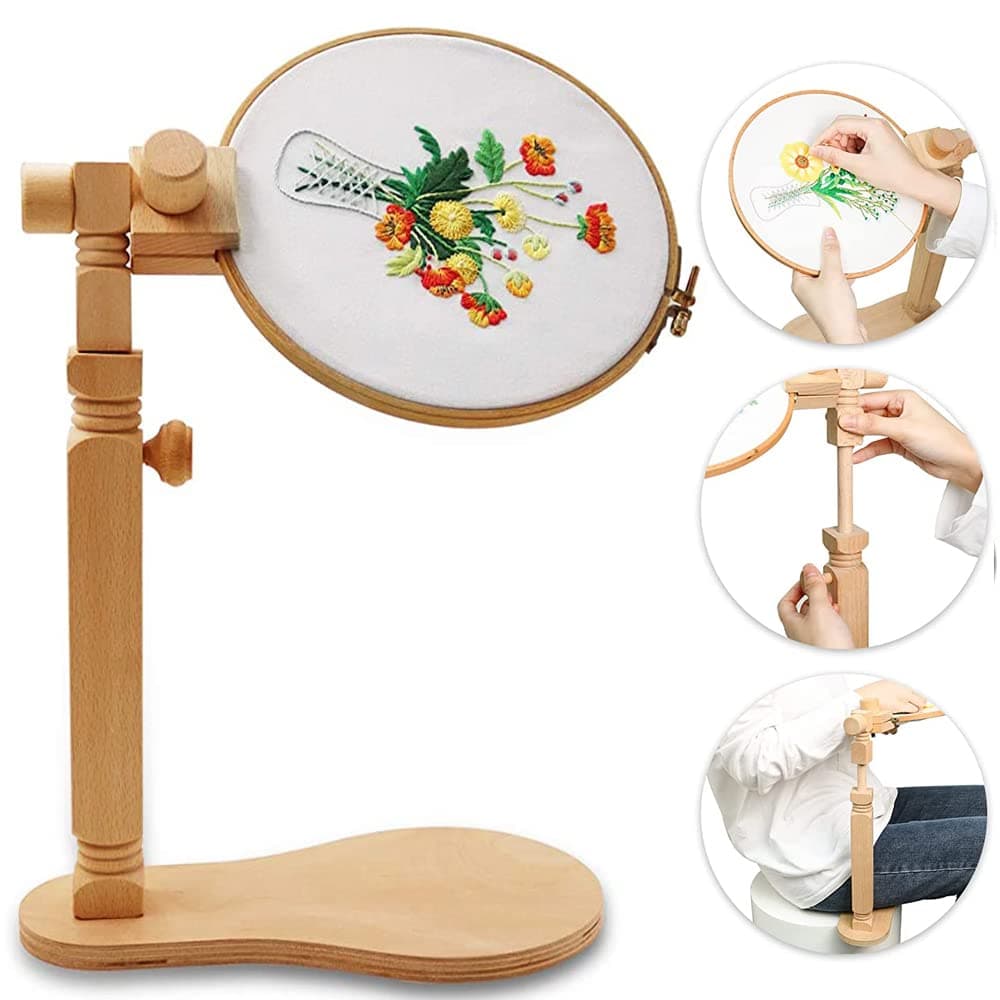 Embroidery Hoop Stand - Rotated Cross Stitch Stand Lap, Easy to Use Natural Beech Wood Embroidery Hoop Holder, Hands Cross Stitch Stand for Art Craft Sewing Needlework Projects