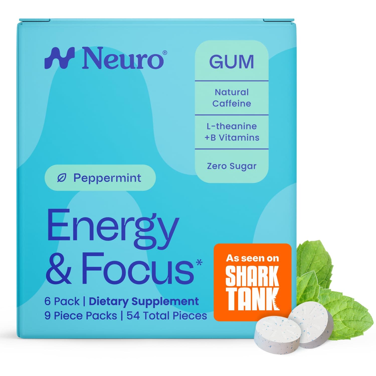 Energy & Focus Gum - 40mg Natural Caffeine Gum & Nootropic Energy Supplement with L-Theanine & B Vitamins - Sugar Free, Vegan - Peppermint, 54ct