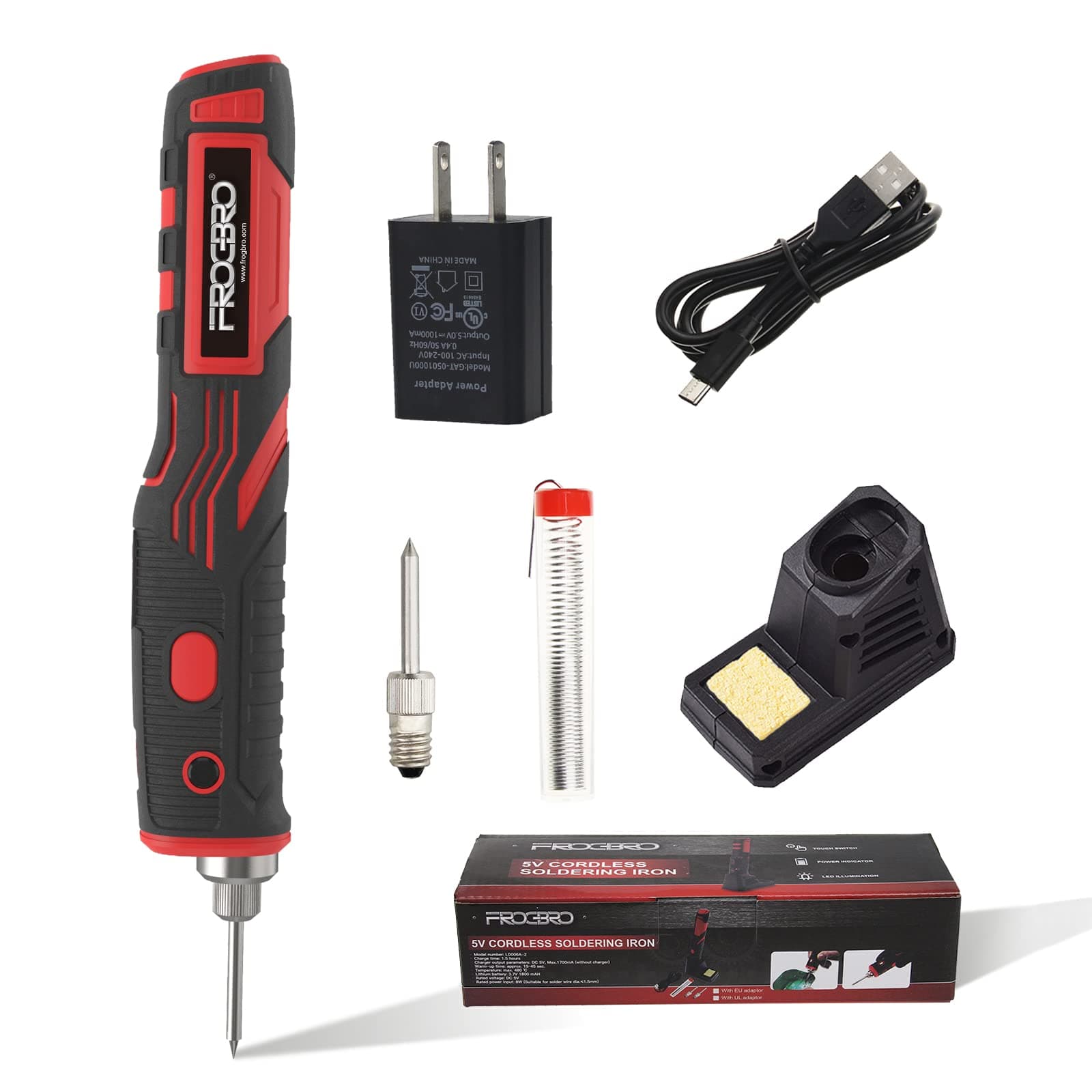 FrogBro Cordless Soldering Iron Rechargeable Wireless Battery Welding Tool Upgrade With Touch Sensor & LED Spotlight Professional Portable Electronic True 1800mAh(plus tips+adptor)