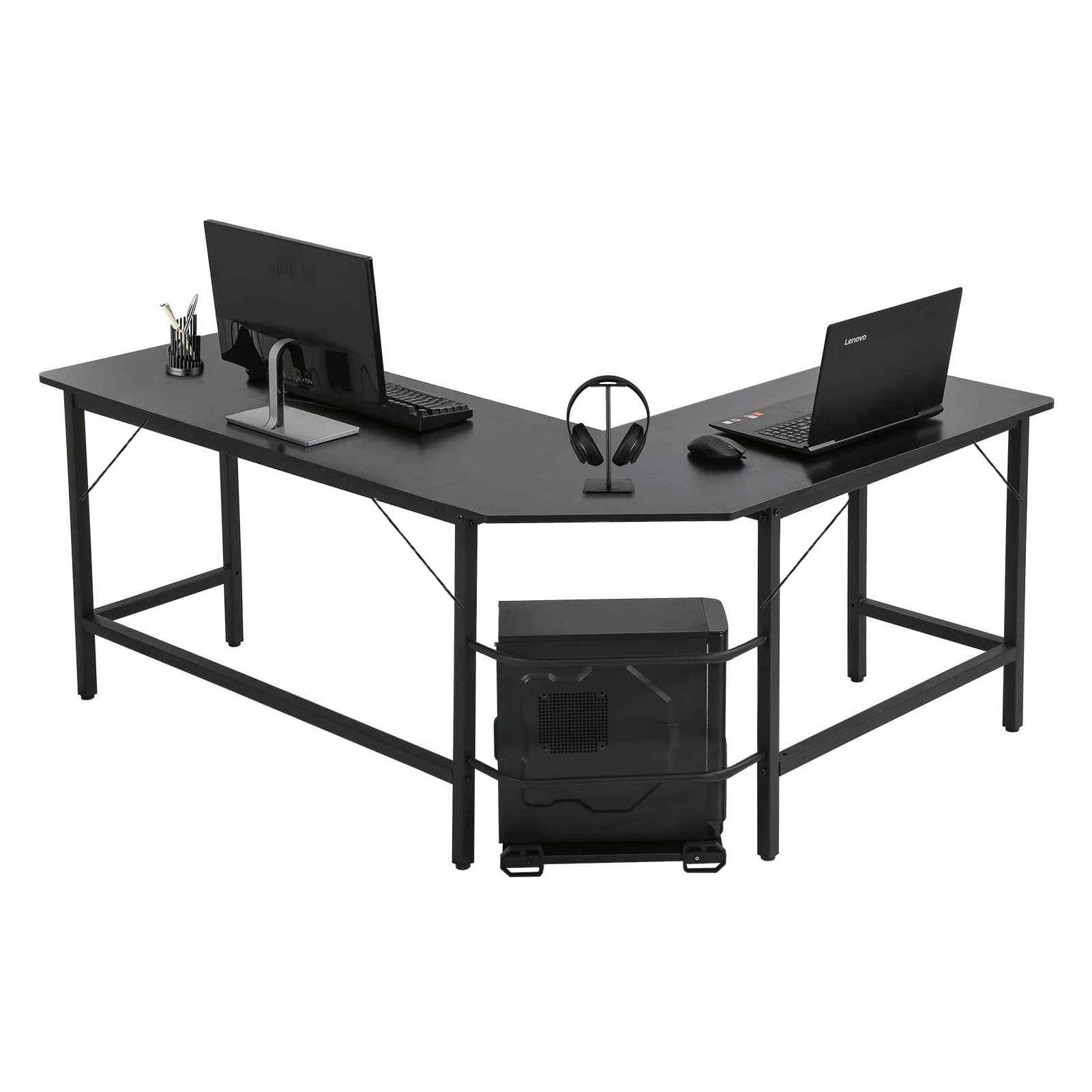 SOZAKKAACPLAY L-Shaped Computer Office Desk, Corner Gaming Desk with CPU Stand, Home Office Sturdy PC Laptop Table Workstation for Small Spaces (Black, (66.1+49.2) x18.9x28.9 inch)