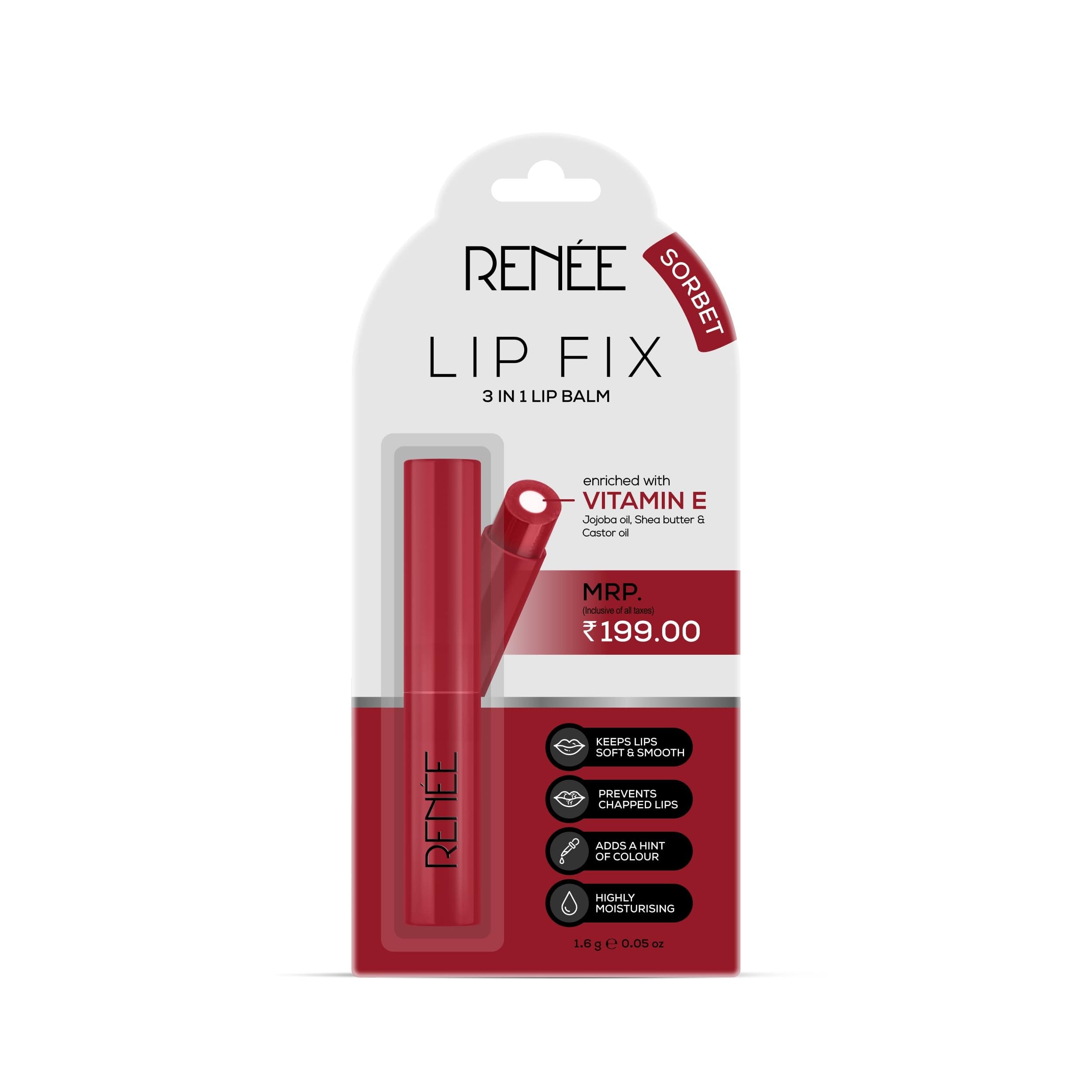 Lip Fix 3 in 1 Tinted Lip Balm 01 Sorbet 1.6 Gm, Heals, Lightens & Nourishes | Dual Core Care Enriched with Vitamin E, Shea Butter & Jojoba Oil for Dry & Chapped Dry Lips