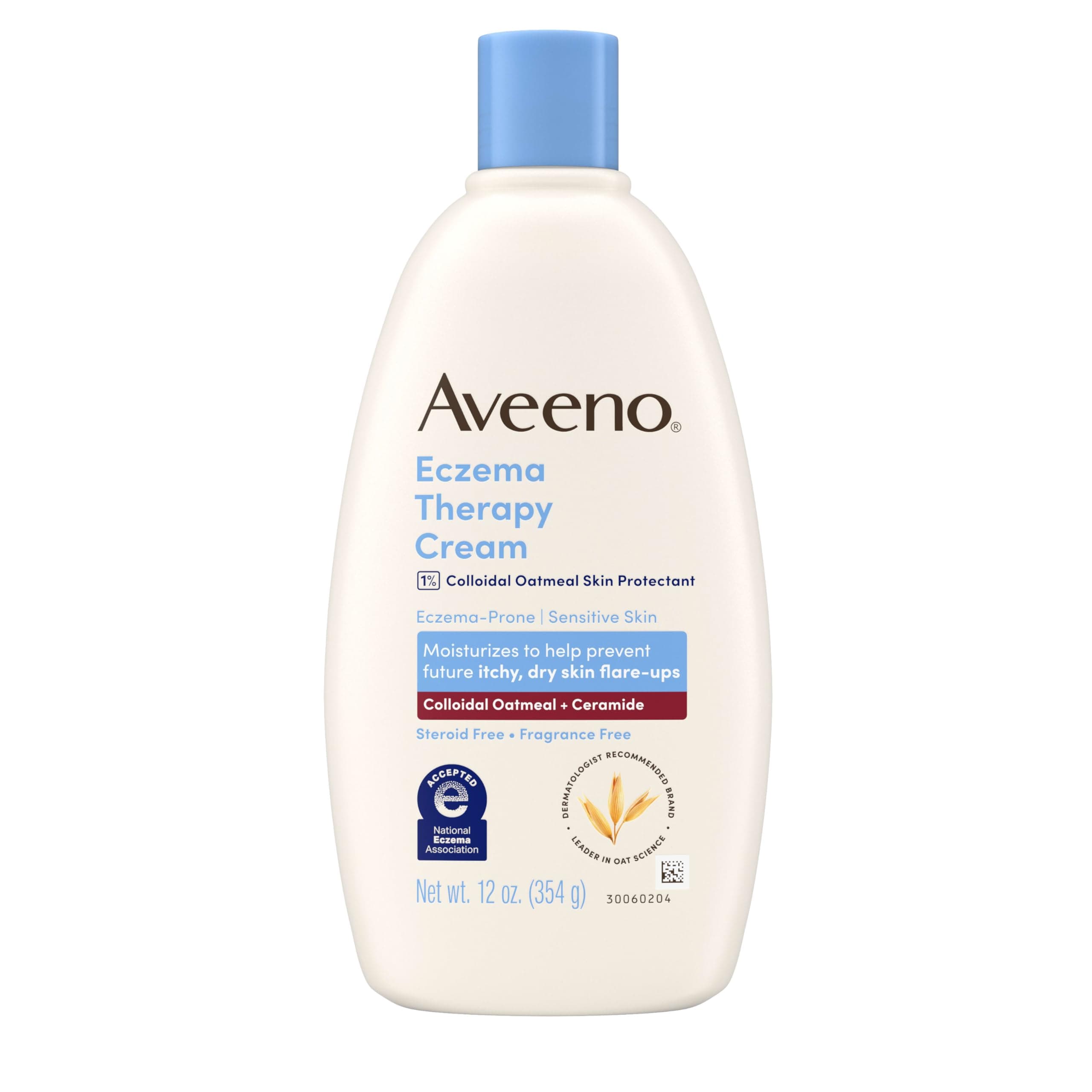 Aveeno Eczema Therapy Daily Moisturizing Cream for Sensitive Skin, Soothing Lotion with Colloidal Oatmeal for Dry, Itchy, and Irritated Skin, Steroid-Free and Fragrance-Free, 12 fl. oz