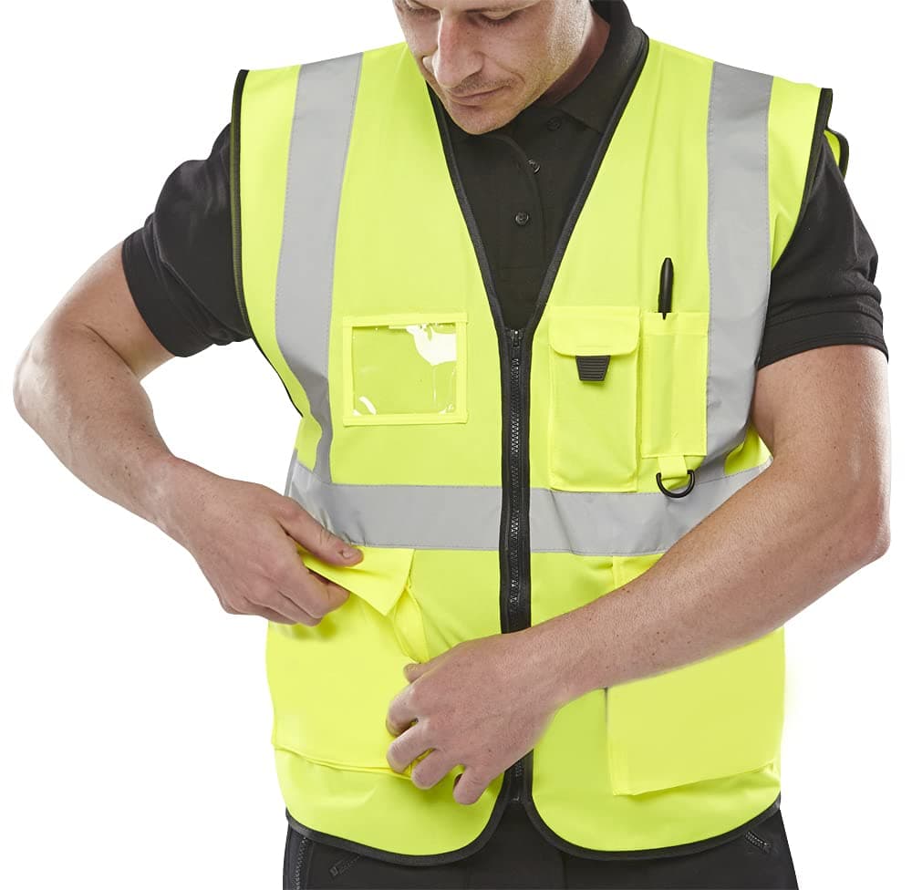 Hi Vis Executive Vest Waistcoat with Phone & ID Pockets Yellow Orange - 2 Two Tone