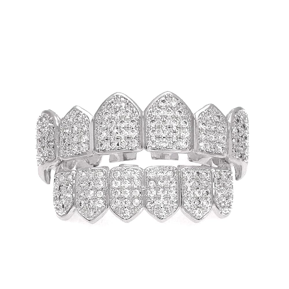 Iced Out Diamond Teeth Grillz for Men Women, Hip Hop Silver Gold Grills for your teeth Top and Bottom, Rapper Costume Mouth Grillz with Silicone Molding Bars