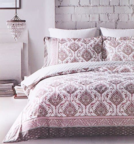 Ethnic Bohemian Tapestry Duvet Cover Oriental Boho Chic Style Reversible Bedding 3pc Set 100-percent Cotton Linen Texture Artsy Hippie Ornate Scroll Print in Burgundy Rose Gold Cream (Queen)