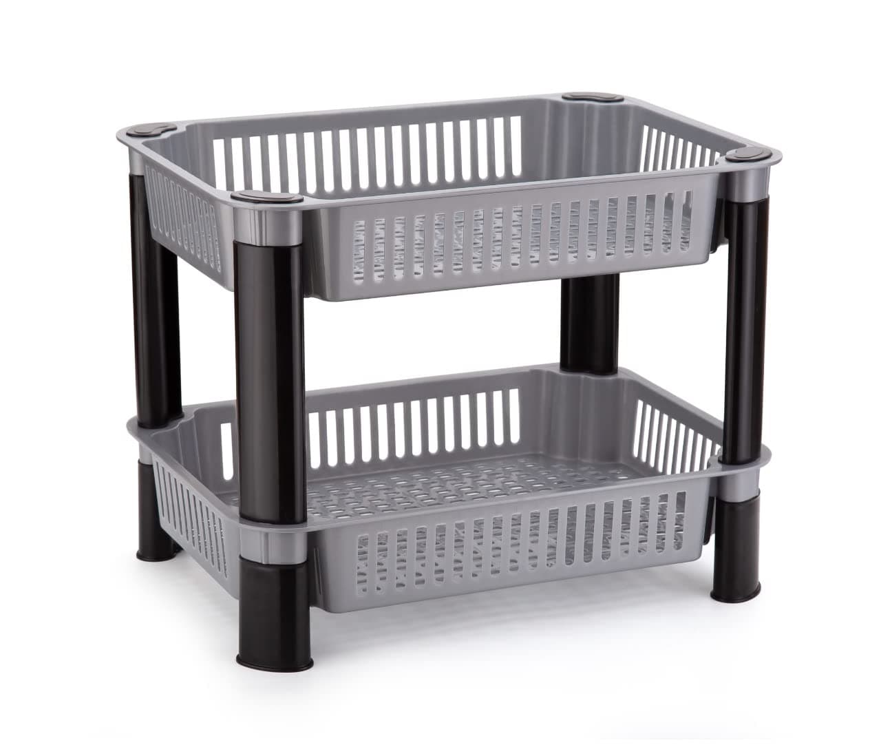 FOROLY Multipurpose Tiered Shelf Floor Mount Foldable Plastic Storage Rack Basket Stand for Home, Office and Kitchen (Grey, 2 Layer)