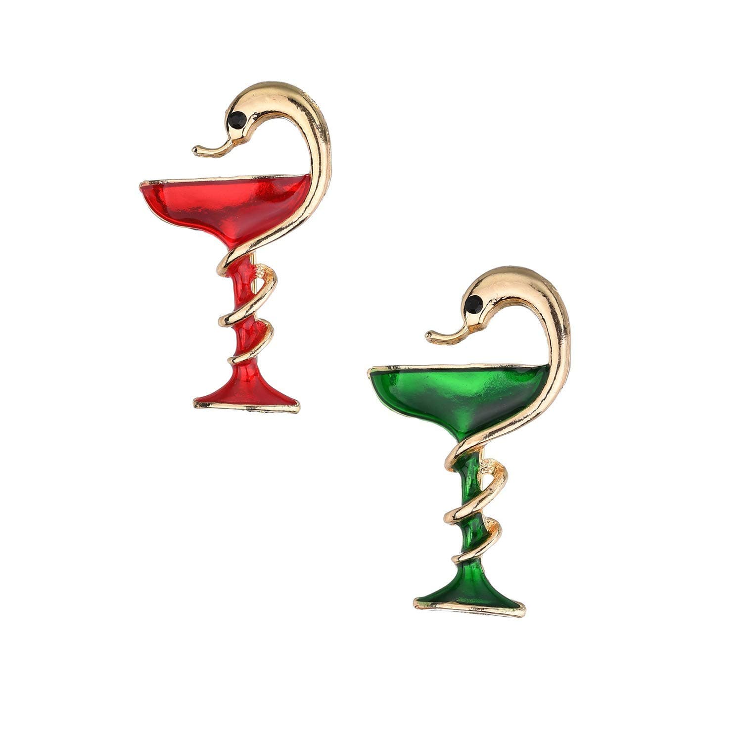 2-Set Golden Bowl of Hygieia with Green and Red Coating Jewelry Brooch White Coat Pins Gift for Pharmacist